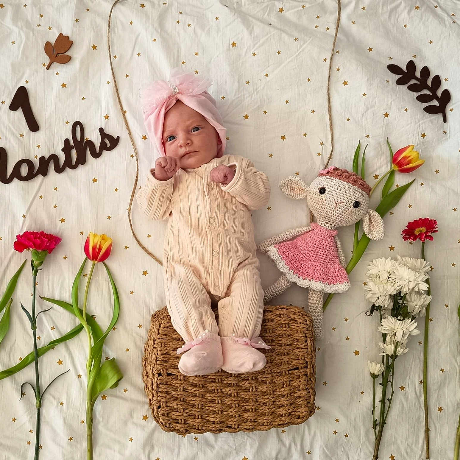 Ava a rejoint le concours — aidez-le/la à gagner de superbes lots ! baby, infant, onesie, pink_headwrap, crocheted_doll, flowers, tulips, red_carnation, white_chrysanthemums, wicker_basket, star_pattern, blanket, milestone, month_marker, cute, portrait, laying_down, celebration, soft_lighting, baby_photo
