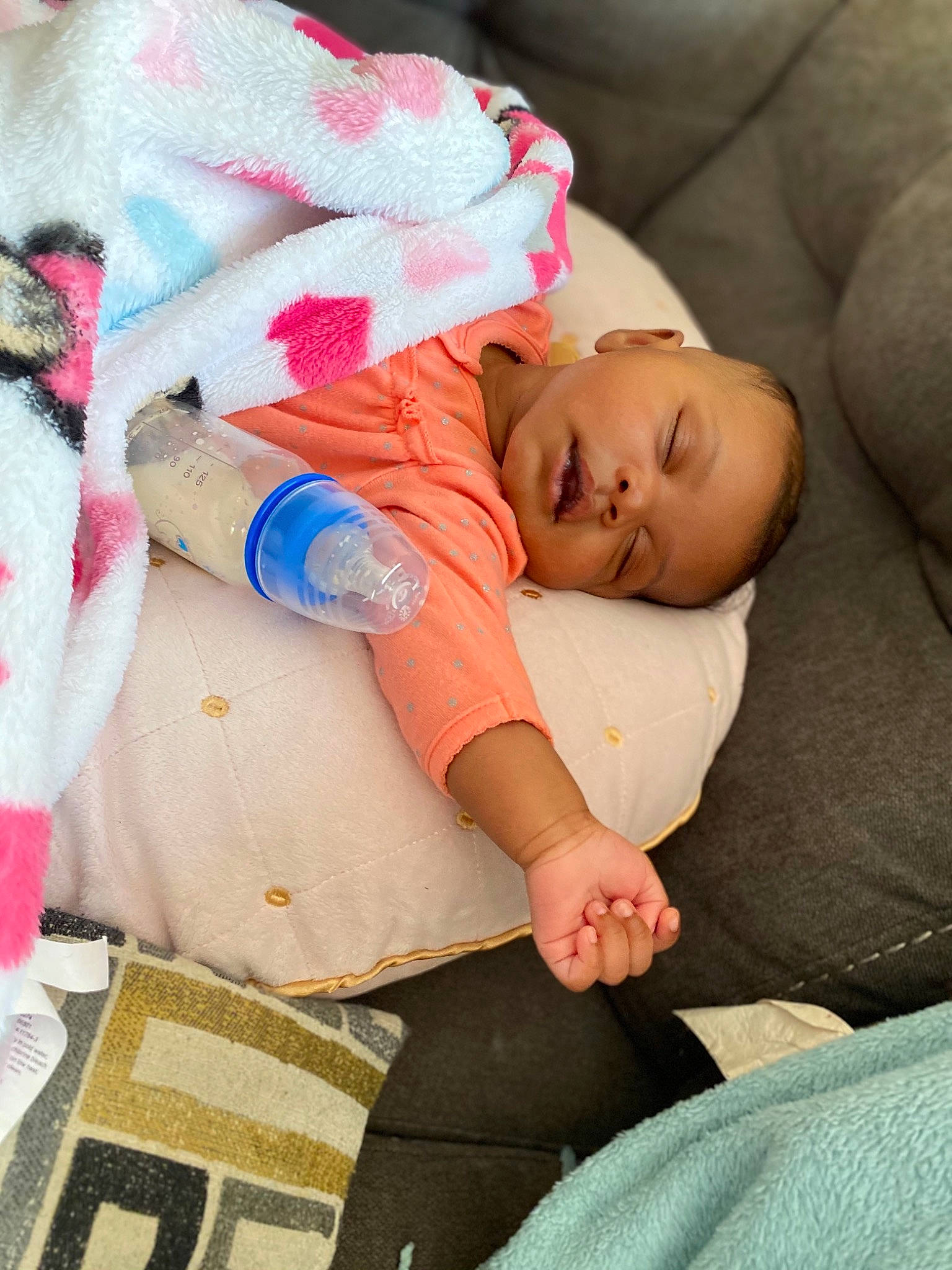 Carrington is registered to the contest to win money with this photo: baby, birth, blanket, cheek, child, linens, nap, person, pink, skin, sleep, textile, toddler