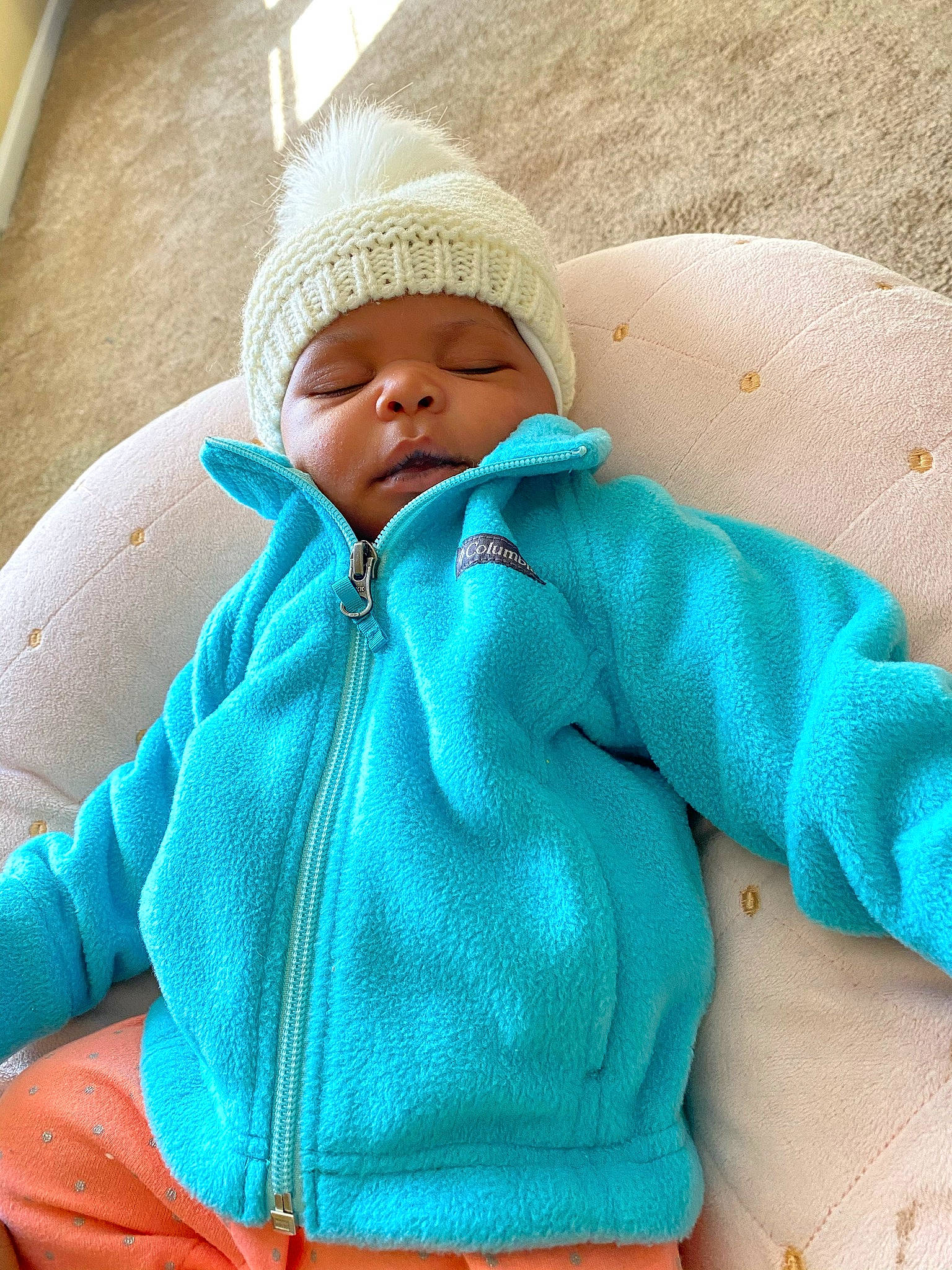 Carrington joined the competition — help win amazing prizes! baby, baby_sleeping, baby_toddler_clothing, blue, child, headwear, hood, hoodie, jacket, knitting, outerwear, person, product, skin, sleeve, sweater, textile, toddler, turquoise, wool