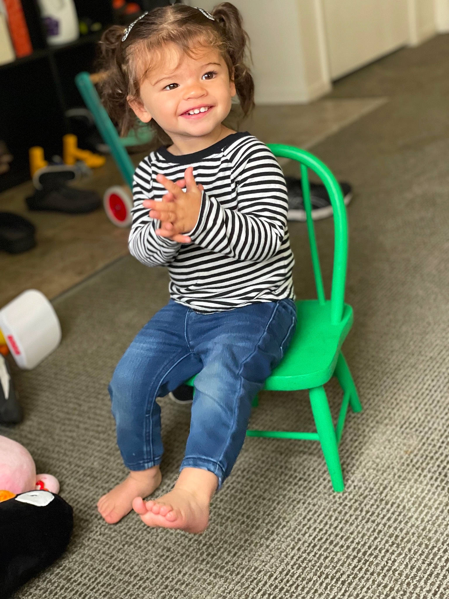 Lorraine joined the competition — help win amazing prizes! baby_toddler_clothing, barefoot, chair, child, electric_blue, flooring, foot, fun, happy, human_leg, joy, knee, leisure, person, play, sitting, smile, sock, standing, t_shirt