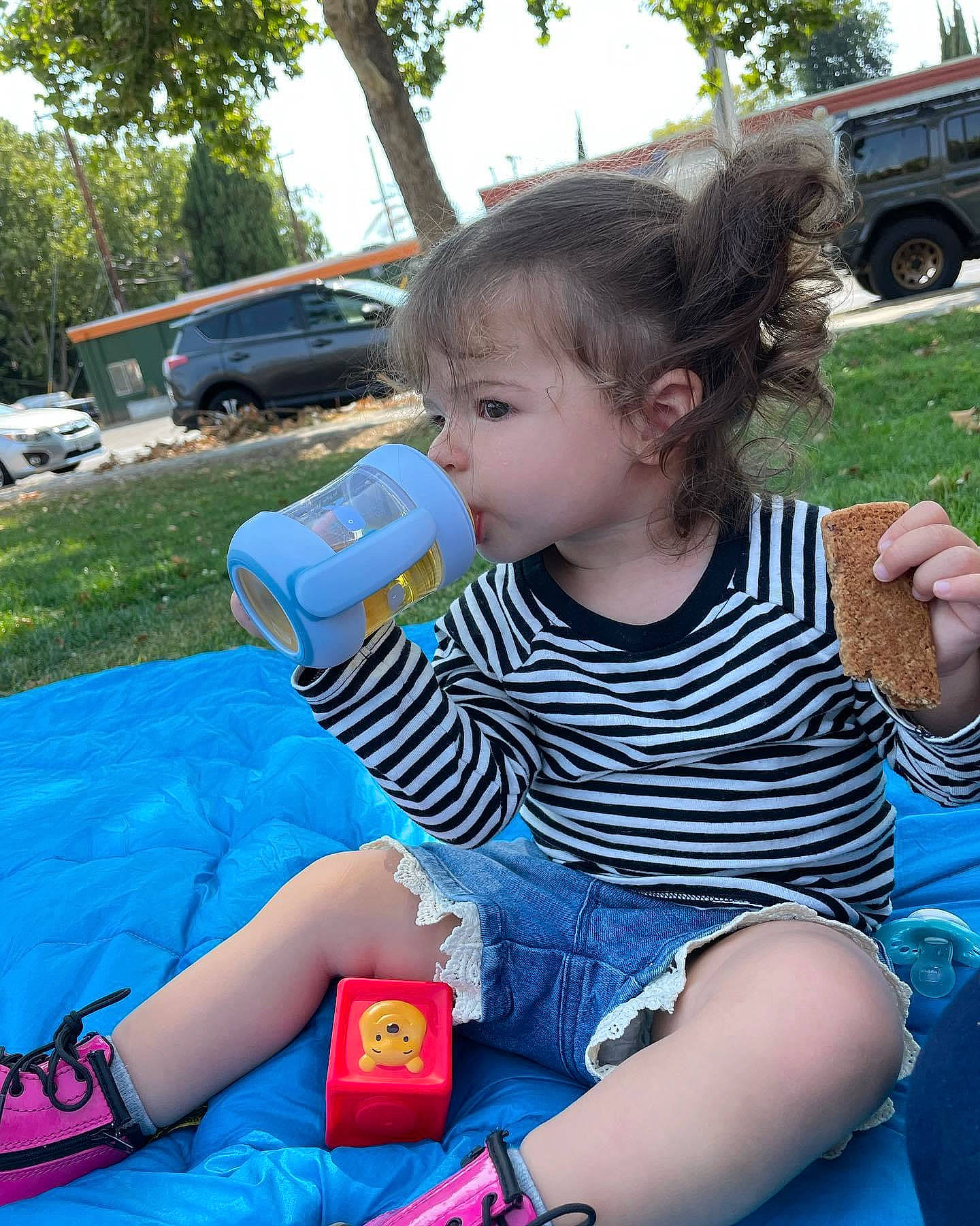 Lorraine is registered to the contest to win money with this photo: arm, blue, car, child, electric_blue, finger, fun, grass, hairstyle, happy, leisure, person, plant, plastic_bottle, recreation, sky, summer, tire, toddler, tree