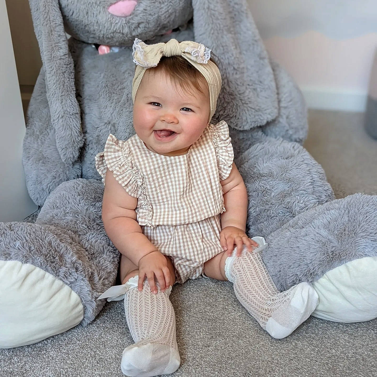 Elodie joined the competition — help win amazing prizes! baby, baby_toddler_clothing, child, collar, comfort, eye, facial_expression, foot, happy, head, joy, outerwear, pattern, person, product, sitting, skin, sleeve, smile, sock