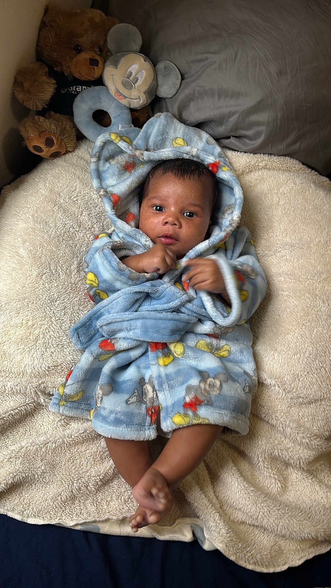 Kaysin joined the competition — help win amazing prizes! baby, child, plush, teddy_bear, blanket, robe, mickey_mouse, soft_texture, bed, cushion, toy, infant, cute, indoor, portrait, sleepwear, comfort, relaxation, young, person