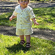 Samuel is registered to the contest to win money with this photo: toddler, child, grass, outdoor, sunlight, shorts, shirt, sandals, face, person, nature, trees, furniture, wood, yard, daylight, curious, standing, summer, play