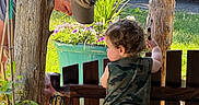 Samuel is registered to the contest to win money with this photo: adult, camouflage_clothing, cap, child, curly_hair, daylight, garden, grass, hat, interaction, man, outdoor, plant, potted_plant, repair, toddler, tool, vehicle, wheel, wooden_fence