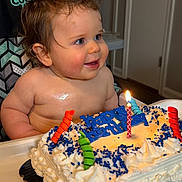 Samuel joined the competition — help win amazing prizes! baby, birthday, blue_sprinkles, cake, candle, celebration, child, cream, cute, face, food, fun, happy, high_chair, indoor, party, person, smile, table, young_child