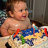 baby, birthday, blue_sprinkles, cake, candle, celebration, child, cream, cute, face, food, fun, happy, high_chair, indoor, party, person, smile, table, young_child