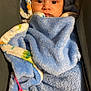 baby, blanket, blue, pacifier, infant, face, wrapped, cozy, soft, child, cute, warm, sleepy, hooded, fuzzy, person, newborn, indoor, comfort, rest