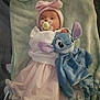 baby, infant, pacifier, hat, bow, plush_toy, stitch, blanket, pink_skirt, clothing, cute, sleepy, indoors, soft_toy, child, newborn, resting, baby_clothes, cozy, lying_down