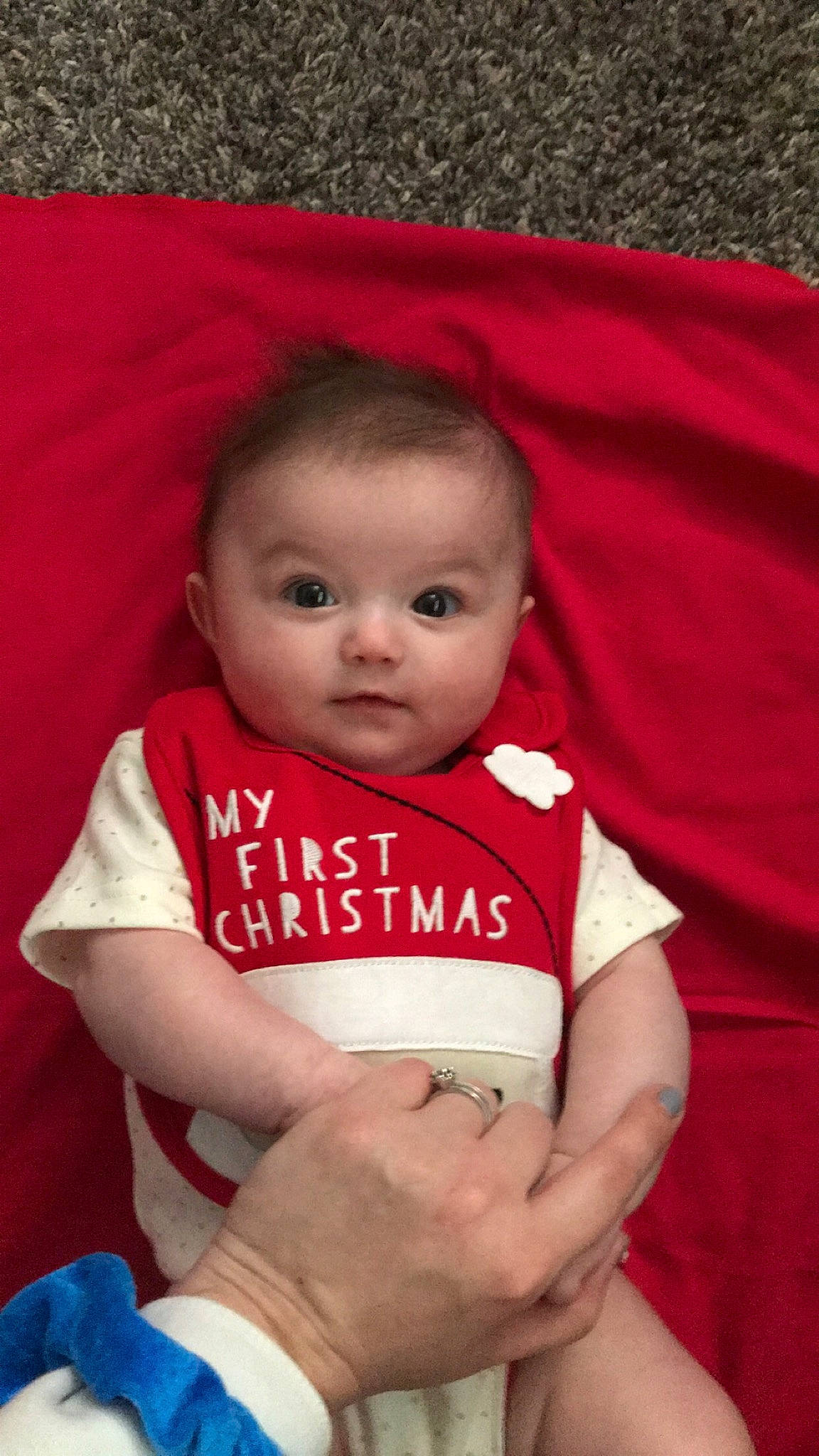 Kinslee joined the competition — help win amazing prizes! baby, baby_toddler_clothing, bracelet, cheek, child, comfort, finger, hand, iris, linens, lip, mammal, nail, nose, person, red, skin, textile, thumb, toddler