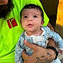 Xavian is registered to the contest to win money with this photo: adult_hand, baby, bright_clothing, child, closeup, comfort, curious, expression, face, family, holding, indoors, infant, neon_shirt, pacifier_clip, pajamas, person, skin, tattoo, zebra_pattern