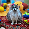 cat, fluffy, gray, white, sitting, rug, red_rug, toys, colorful, indoor, pet, feline, whiskers, animal, playful, closeup, portrait, domestic_cat, fur, cute
