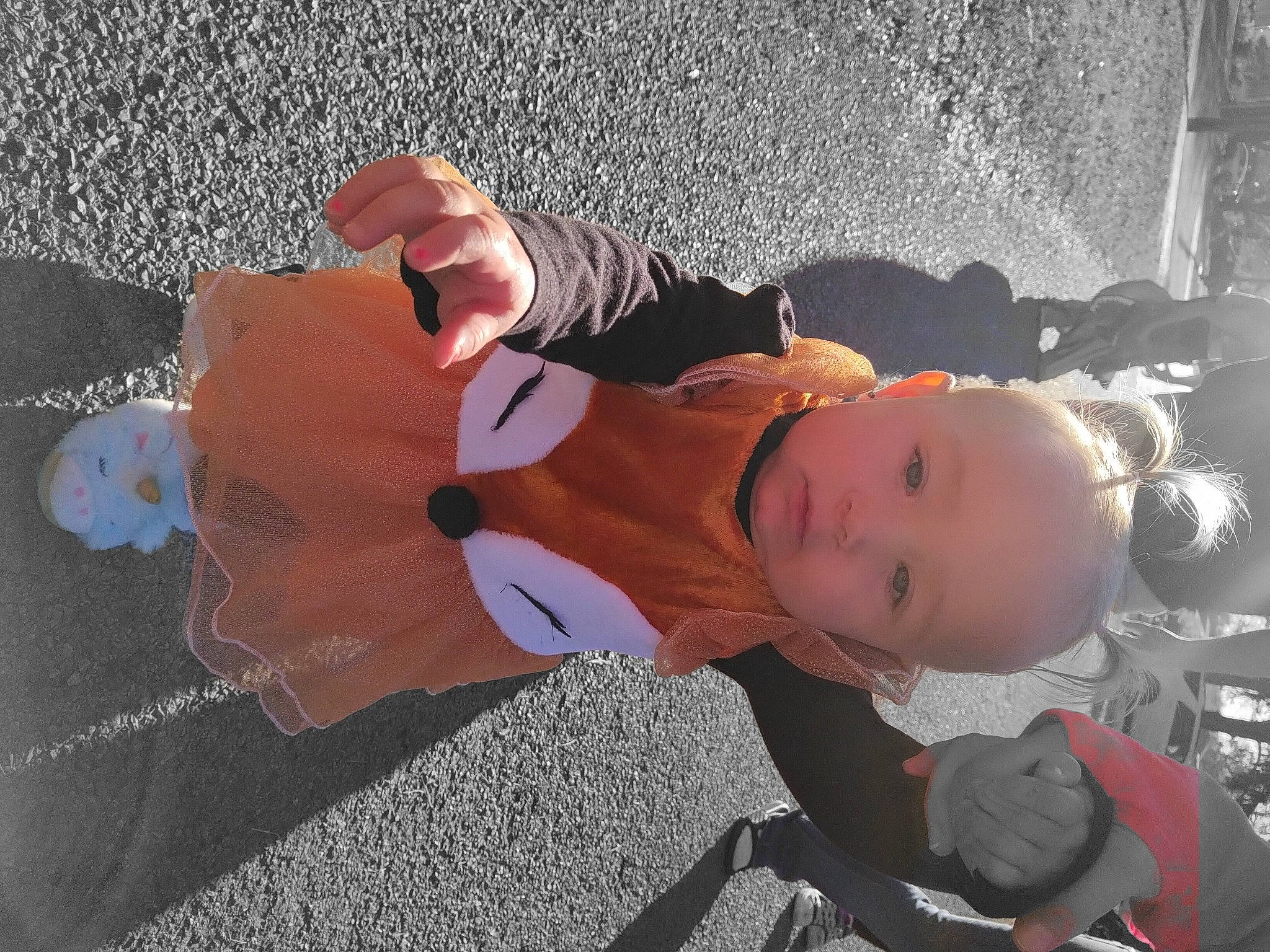 Ariella is registered to the contest to win money with this photo: arm, baby, baby_products, baby_toddler_clothing, child, fashion_accessory, fun, gesture, hat, human_leg, orange, person, shadow, sitting, smile, toddler, tree, vacation, wrist