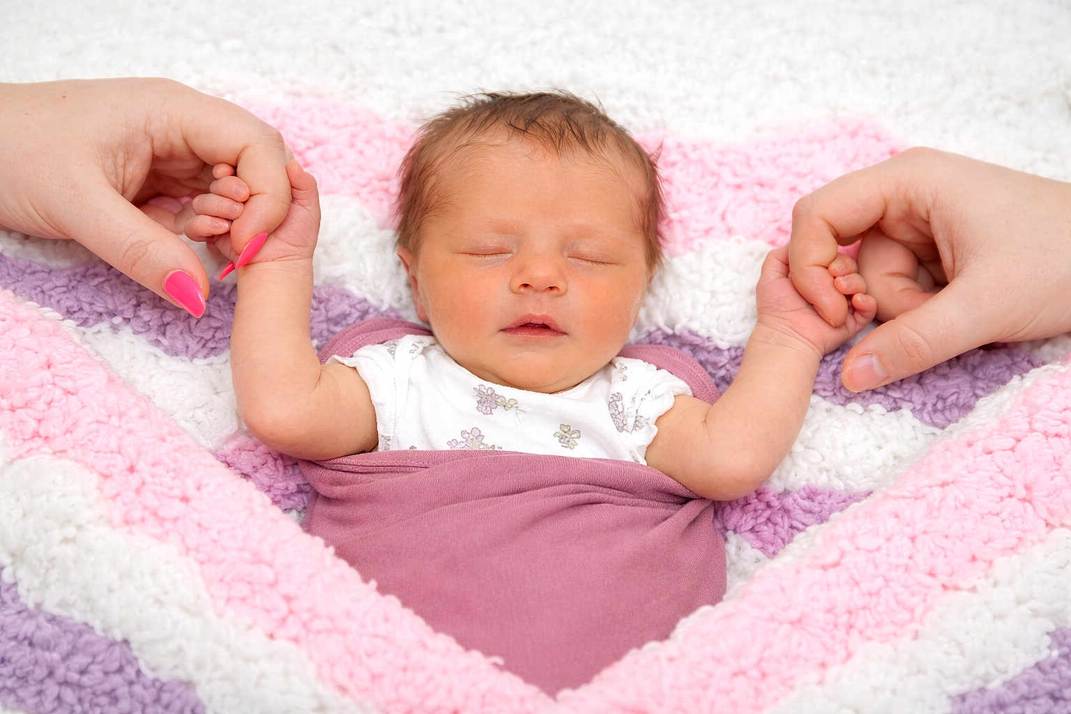 Reese joined the competition — help win amazing prizes! newborn, baby, sleeping, hands, blanket, crochet, purple, pink, white, infant, swaddled, person, closeup, resting, soft, cute, peaceful, skin, nail_polish, toddler