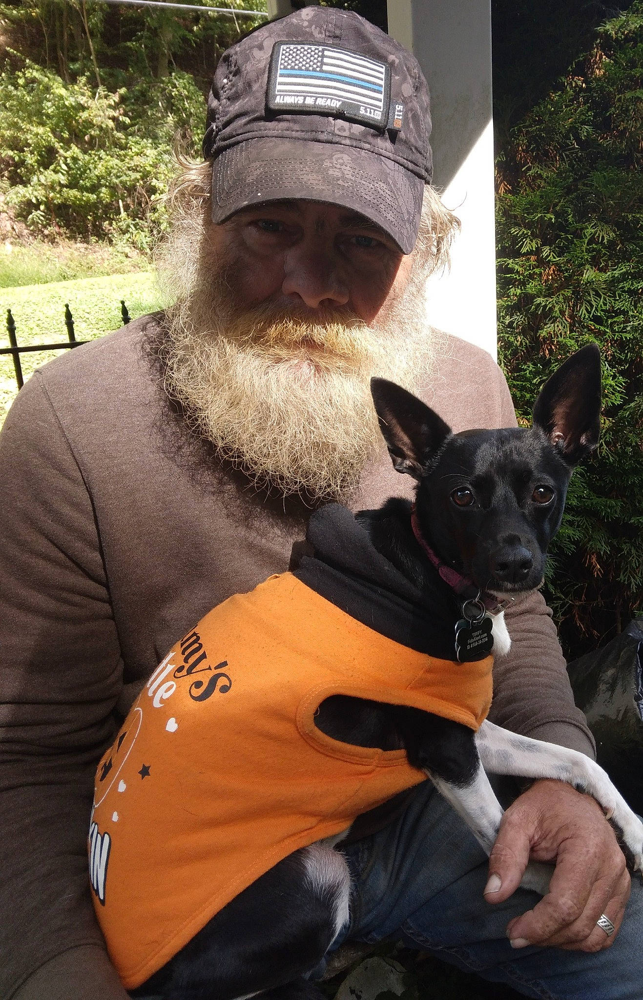 Tippy is registered to the contest to win money with this photo: baseball_cap, beard, canidae, cap, carnivore, companion_dog, dog, dog_breed, dog_collar, eyewear, facial_hair, fashion_accessory, moustache, personal_protective_equipment, plant, sleeve, snout, sporting_group, sunglasses, t_shirt