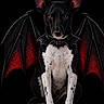 dog, bat_wings, black_and_white, animal, pet, portrait, sitting, front_view, pointed_ears, white_chest, black_fur, red_accents, costume, fantasy, gothic, dramatic_lighting, dark_background, symmetry, close_up, humorous