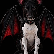 Tippy is registered to the contest to win money with this photo: dog, bat_wings, black_and_white, sitting, portrait, animal, costume, fantasy, gothic, dramatic_lighting, black_background, red_accents, bat_collar, pointed_ears, long_legs, white_chest, dark_theme, front_view, studio_portrait, humorous