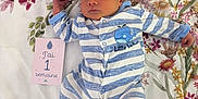 Théonor a rejoint le concours — aidez-le/la à gagner de superbes lots ! baby, newborn, infant, striped_clothing, blue, white, onesie, floral_blanket, pattern, card, milestone, lying_down, serious_expression, cute, person, child, indoors, celebration, sleepwear, small