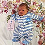 baby, newborn, infant, striped_clothing, blue, white, onesie, floral_blanket, pattern, card, milestone, lying_down, serious_expression, cute, person, child, indoors, celebration, sleepwear, small