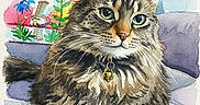 Oliver joined the competition — help win amazing prizes! cat, fluffy_cat, long_hair, tabby, pet, animal, watercolor, illustration, portrait, green_eyes, whiskers, bell_collar, lying_down, indoors, couch, colorful_background, plants, flowers, fantasy, artwork