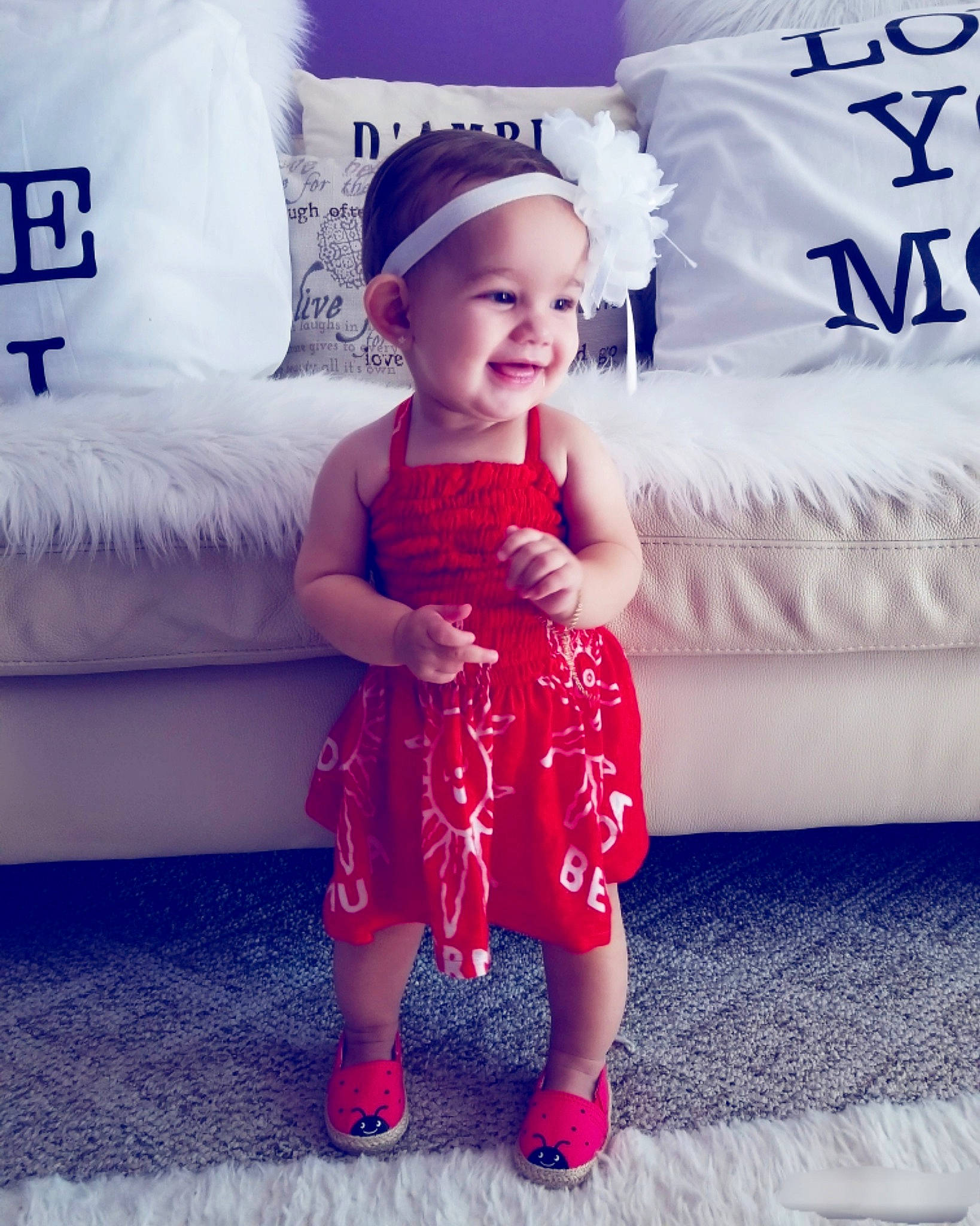 Luciana is registered to the contest to win money with this photo: baby, baby_toddler_clothing, blue, child, clothing, dress, electric_blue, fashion_accessory, footwear, happy, head, headgear, joy, person, pink, product, purple, shoe, smile, textile