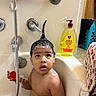 Roberto is registered to the contest to win money with this photo: bath, bathroom, bathtub, child, cleaning, curious, cute, expression, foam, hair, laundry_basket, naked, plastic_bottle, shampoo, skin, soap, toddler, toy, water, wet