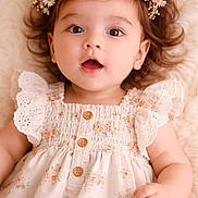 Osiyo is registered to the contest to win money with this photo: adorable, baby, buttons, child, closeup, cute, dress, eyes, face, floral_pattern, flower_crown, hair, hand, infant, lying_down, portrait, skin, smiling, soft_background, young_child