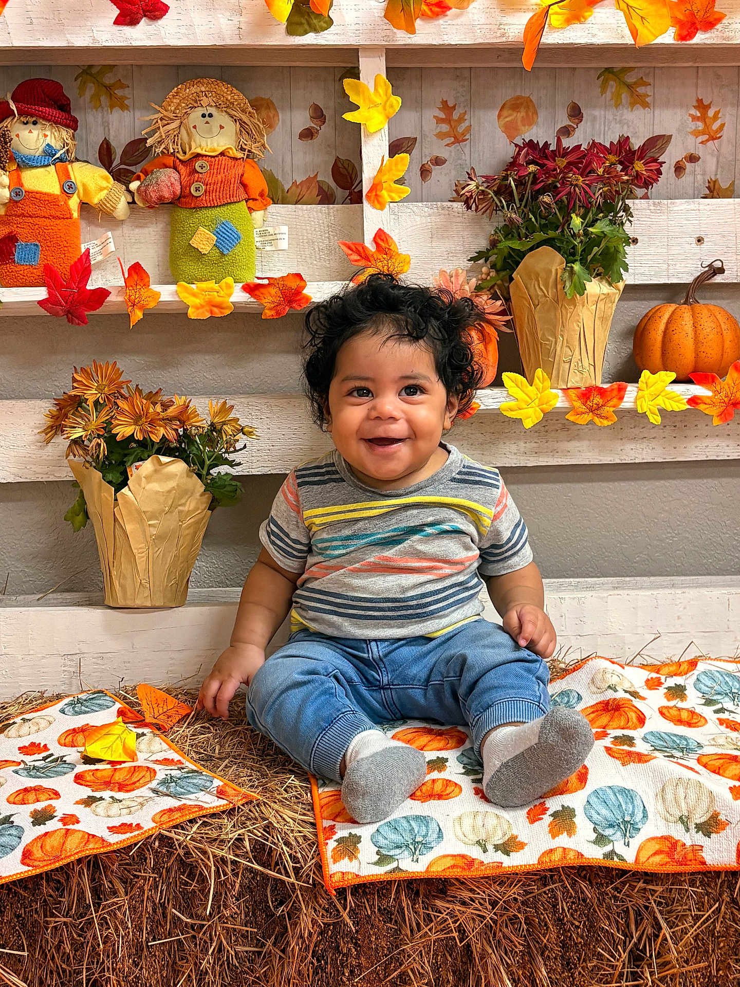 Josiah joined the competition — help win amazing prizes! baby, child, smiling, curly_hair, fall_decorations, pumpkin, scarecrow, flowers, hay_bale, autumn, seasonal, striped_shirt, blue_pants, socks, indoor, decor, orange, yellow, green, cute