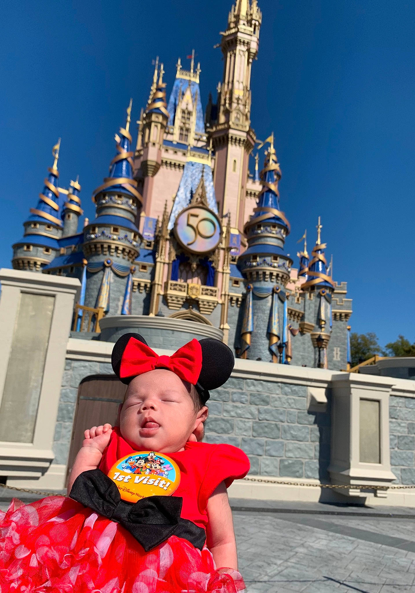 Disney is registered to the contest to win money with this photo: beauty, building, castle, event, facade, fun, happy, headwear, leisure, nonbuilding_structure, person, recreation, sky, spire, temple, toddler, travel, turret, vacation, walt_disney_world