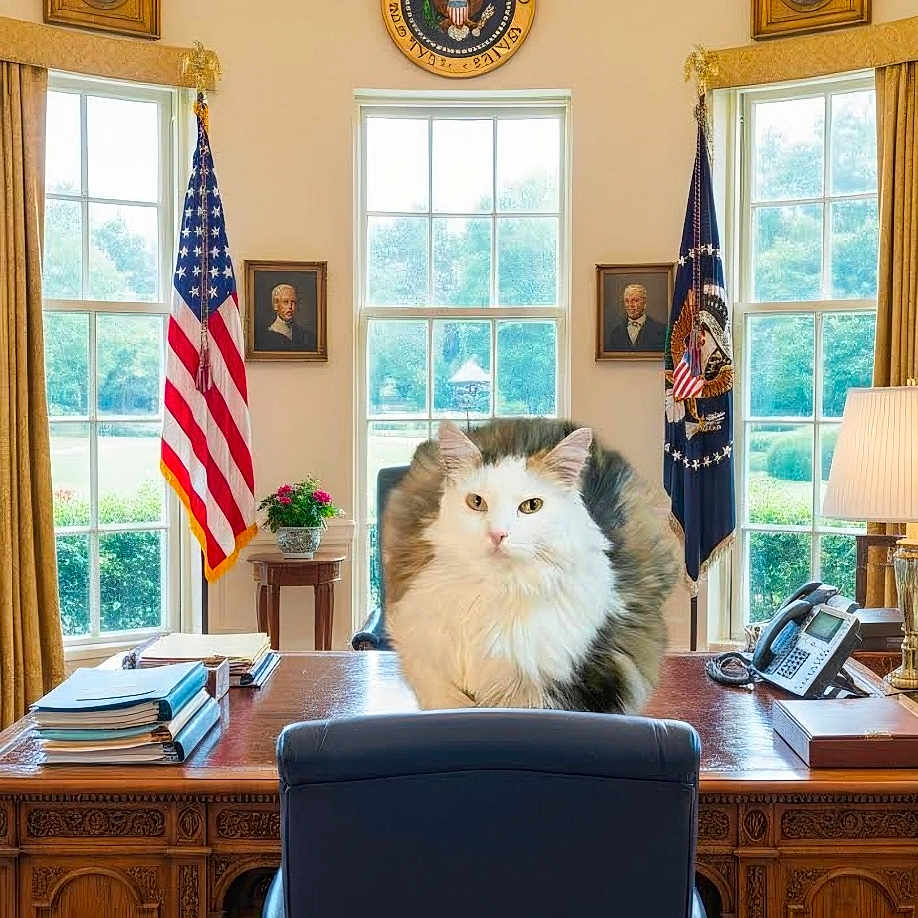 Jinx-C joined the competition — help win amazing prizes! animal, books, carpet, cat, chair, chandelier, curtains, desk, feline, flag, fluffy, indoor, lamp, office, phone, plant, portrait, presidential_seal, window, wooden_furniture