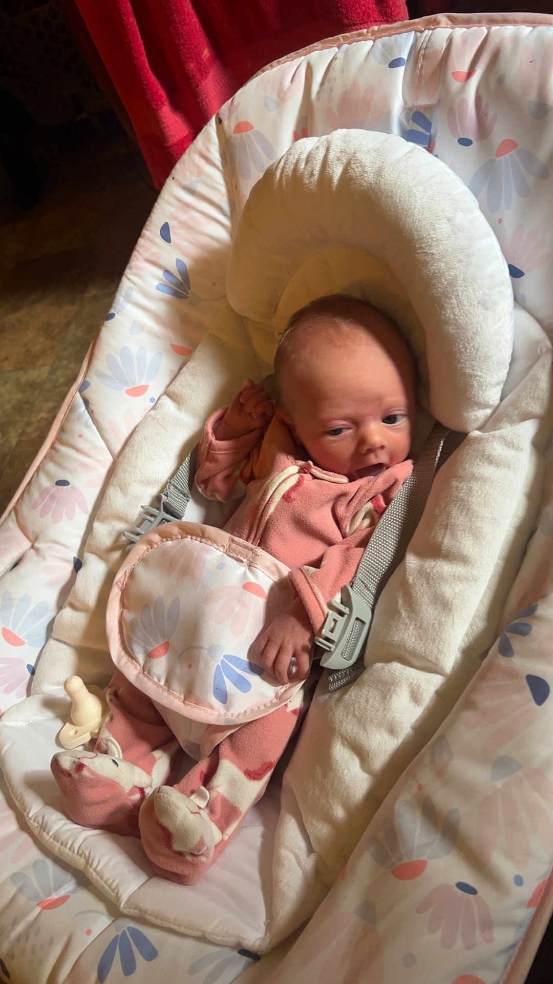 Paisley is registered to the contest to win money with this photo: baby, infant, onesie, pink_clothing, baby_seat, floral_pattern, pacifier, cozy, indoor, cute, newborn, child, soft, fabric, seatbelt, comfort, resting, person, small, sleepwear