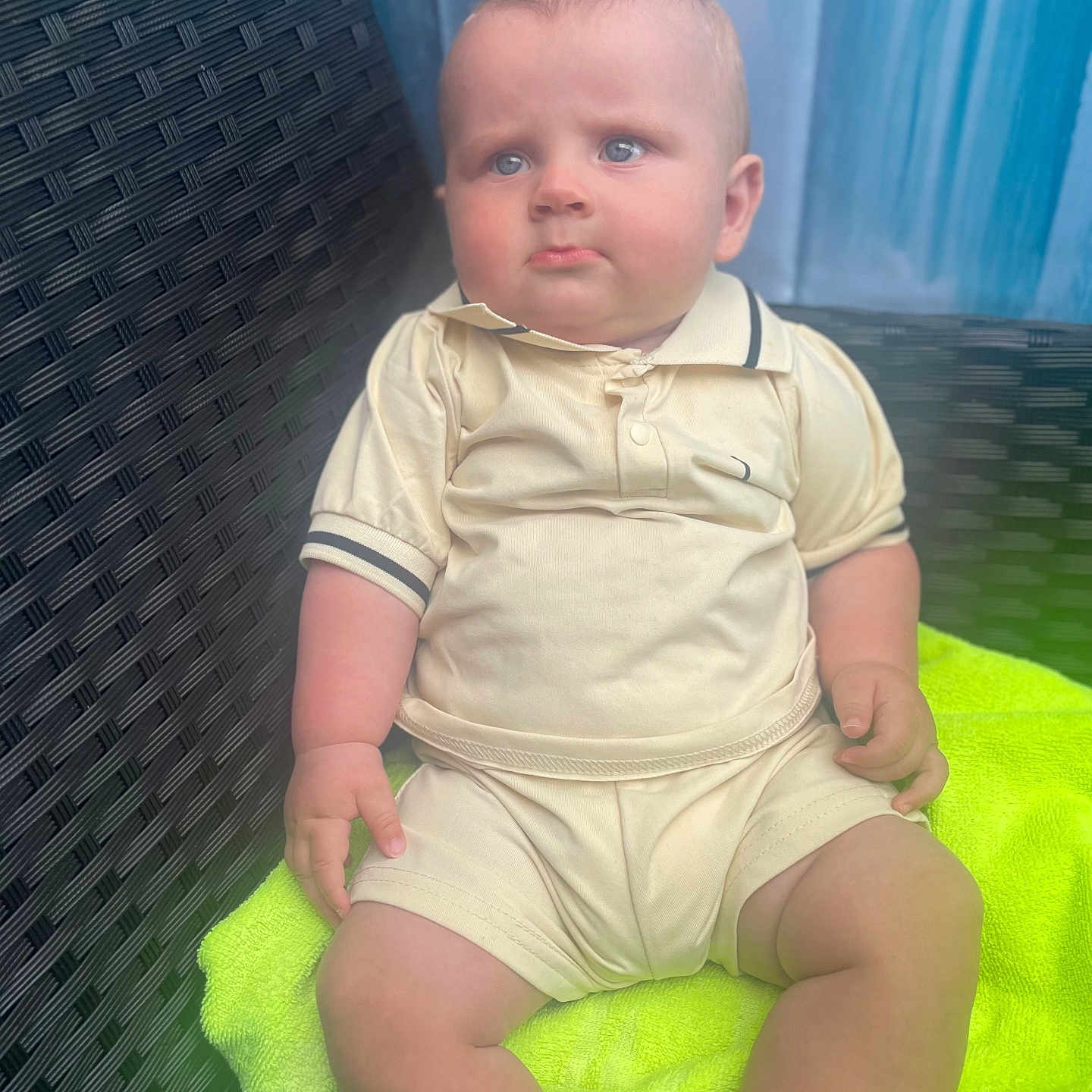 Alex-William joined the competition — help win amazing prizes! baby, blue_eyes, child, chubby, clothing, cute, expression, furniture, indoor, infant, neon_green, person, portrait, shirt, shorts, sitting, skin, towel, wicker_chair, young