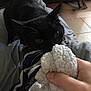 cat, black_cat, hand, knitted_object, indoor, curious, whiskers, eyes, furniture, wooden_table, floor_tiles, playing, pet, cozy, close_up, domestic, animal, soft_lighting, texture, human_interaction