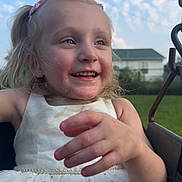 Alayla joined the competition — help win amazing prizes! child, girl, dress, swing, outdoor, smile, happy, playground, sky, clouds, chain, grass, house, daylight, portrait, blonde_hair, casual, fun, joy, summer