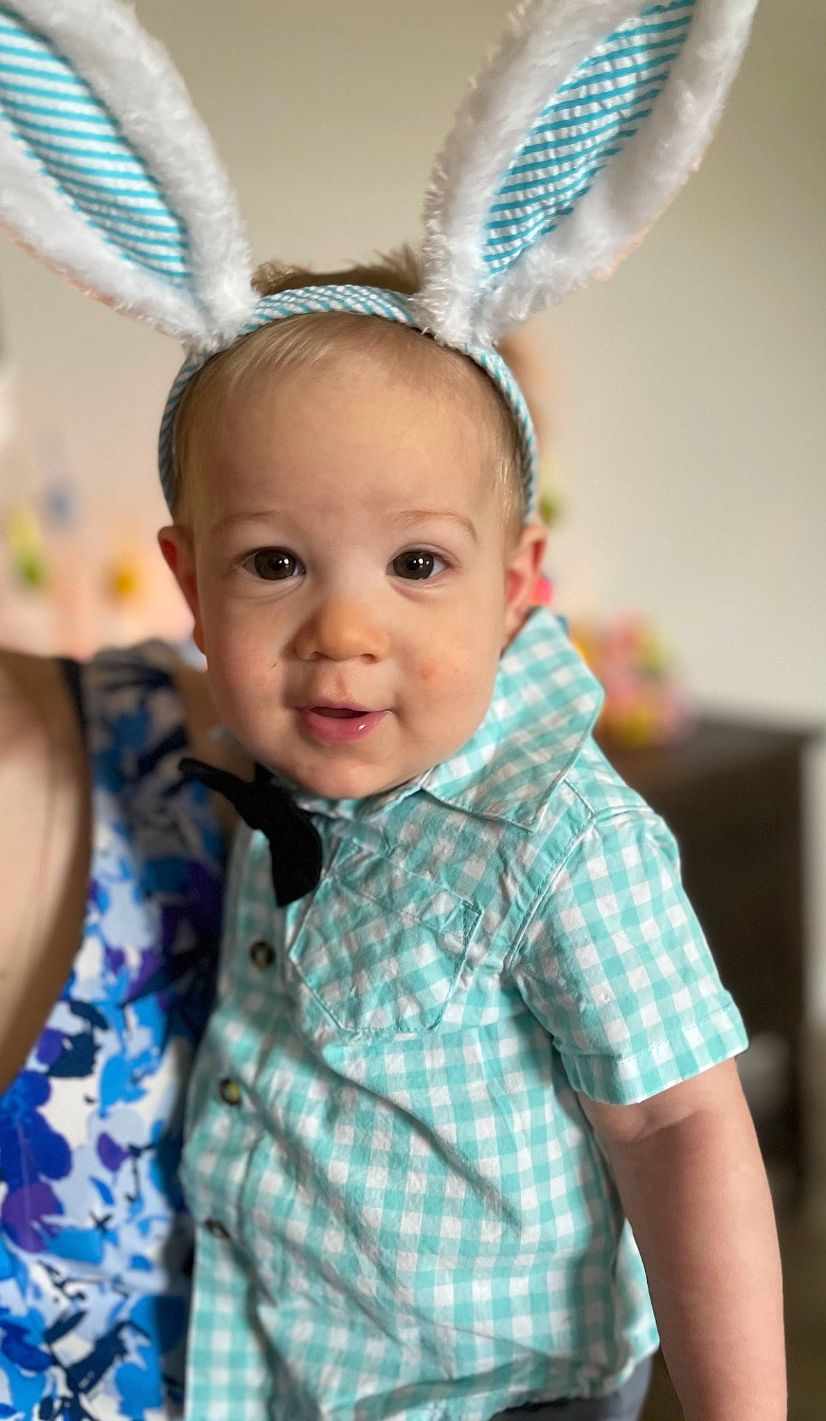 Hunter is registered to the contest to win money with this photo: baby, baby_toddler_clothing, clothing, ear, event, eye, face, happy, head, headband, iris, mythical_creature, pattern, person, plaid, skin, smile, tartan, textile, toddler