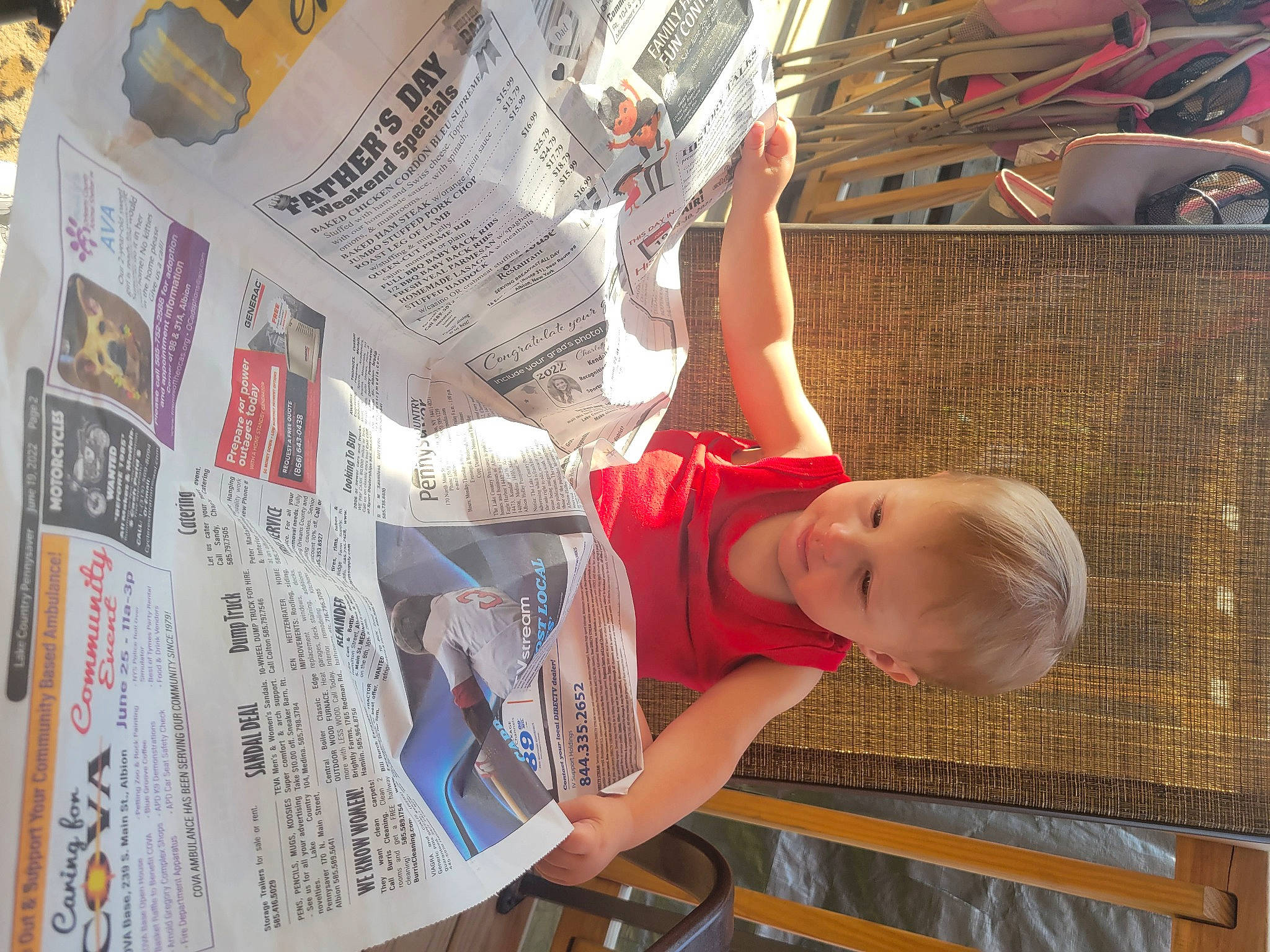 Jaxon joined the competition — help win amazing prizes! font, handwriting, hat, human_leg, news, newspaper, newsprint, paper, paper_product, person, publication, t_shirt, tabloid, toddler, wood, world
