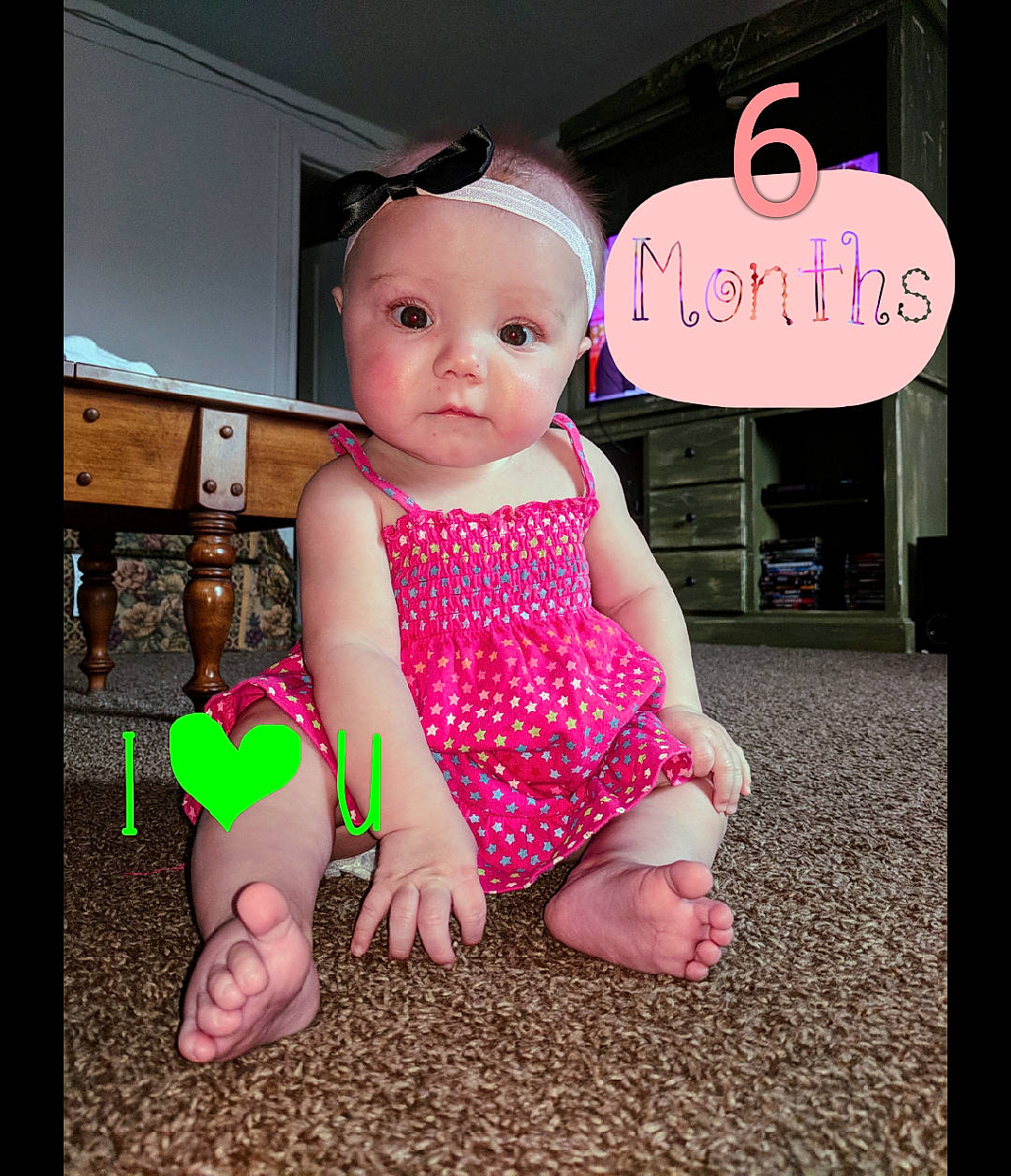 Rebecca is registered to the contest to win money with this photo: baby, baby_toddler_clothing, child, design, dress, flooring, font, foot, happy, human_leg, magenta, pattern, peach, person, pink, product, sitting, skin, sleeve, textile