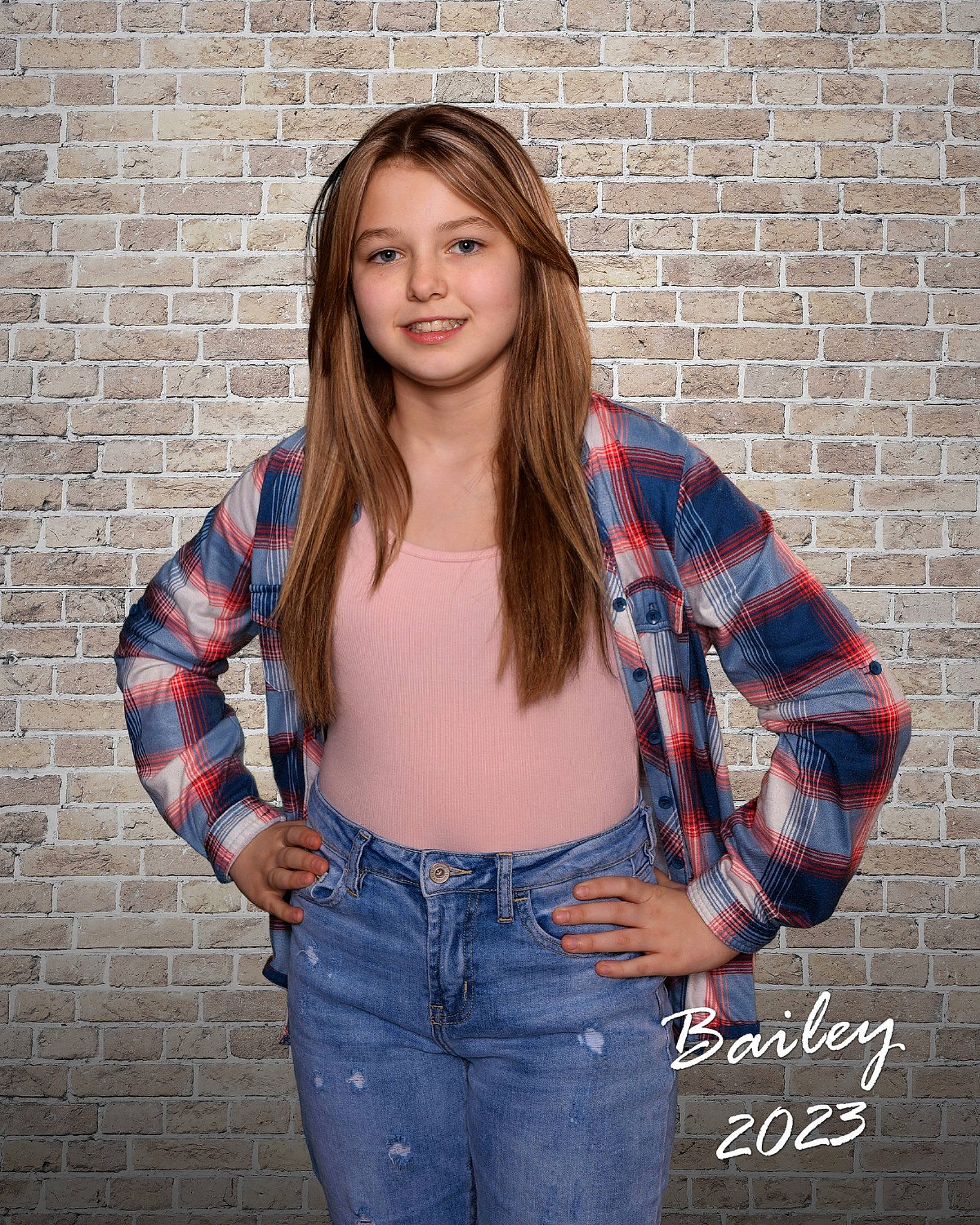 Bailey joined the competition — help win amazing prizes! black_hair, brick, brickwork, clothing, cool, denim, electric_blue, fashion, flash_photography, jeans, joint, joy, lip, long_hair, neck, pattern, person, plaid, sleeve, smile