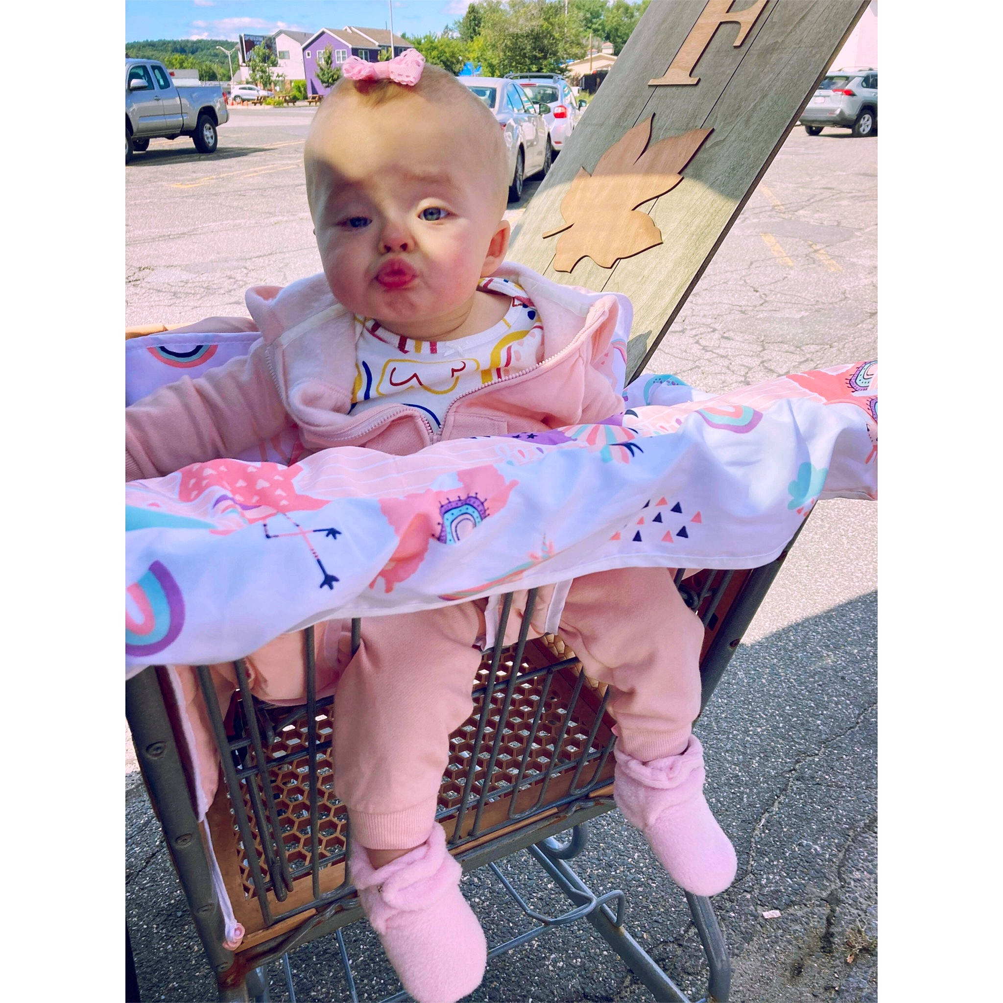 Lily Rose joined the competition — help win amazing prizes! baby, baby_toddler_clothing, car, chair, footwear, grass, happy, knee, leg, pattern, person, pink, sandal, shoe, sleeve, street_fashion, textile, thigh, toddler, wheel