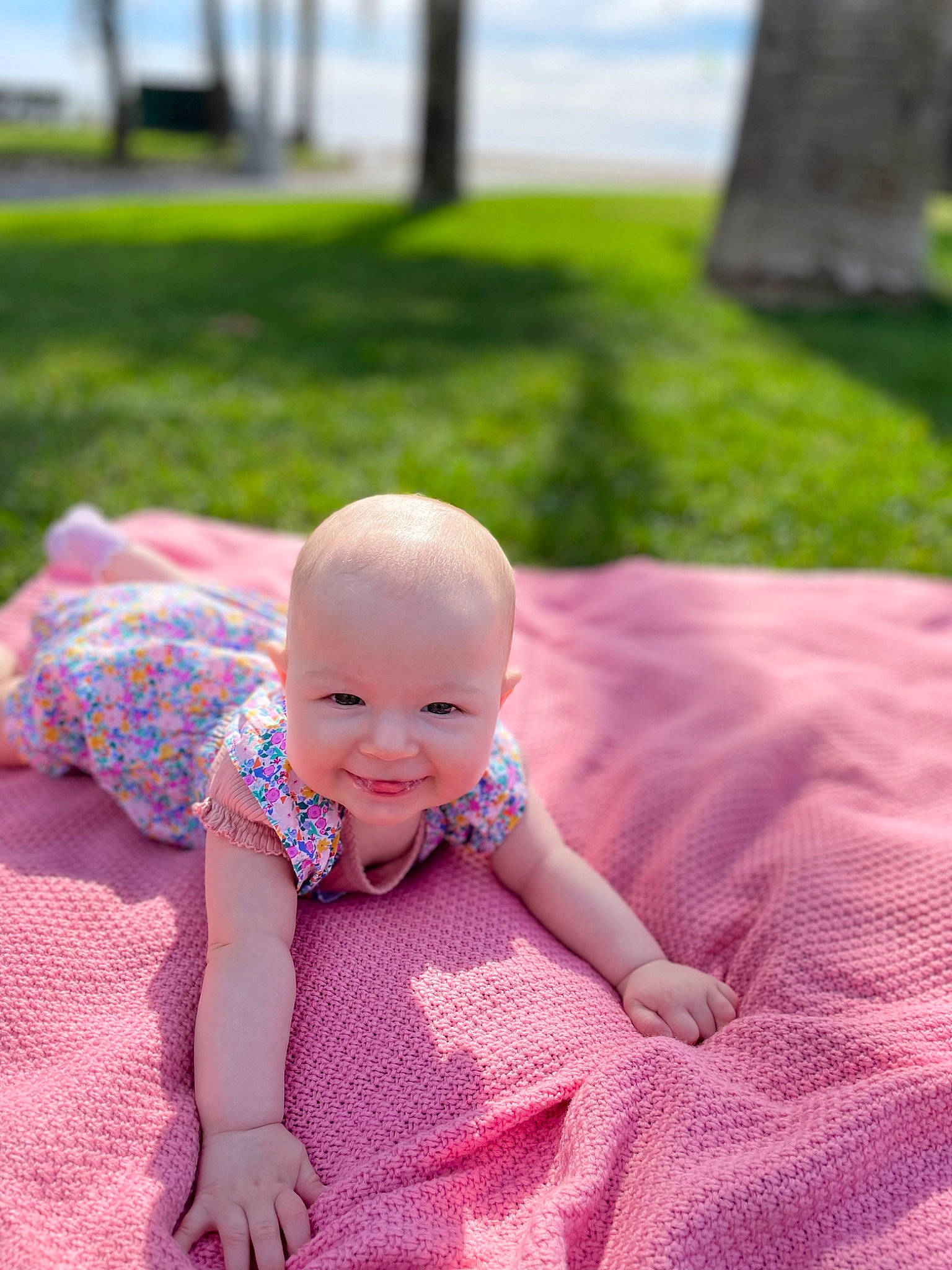 Miruna participe au concours pour gagner de l'argent avec cette photo : baby, baby_toddler_clothing, child, dress, eye, flooring, fun, grass, happy, joy, leisure, magenta, people_in_nature, person, pink, plant, recreation, sitting, skin, smile