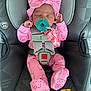 baby, infant, car_seat, pacifier, pink_clothing, bow, sleeping, child, cute, safety_harness, flamingo_clip, hello_kitty, footed_pajamas, gray_car_seat, indoor, small_child, peaceful, child_seat, baby_girl, resting