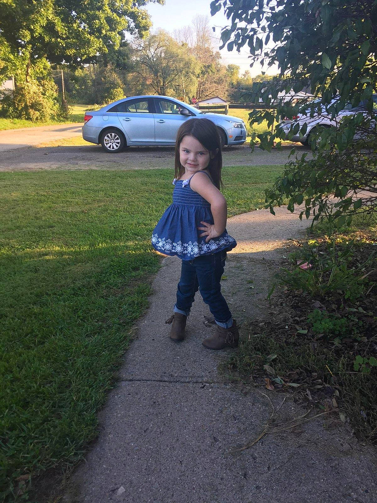 Taelyn joined the competition — help win amazing prizes! car, child, clothing, day, fun, garden, girl, grass, joy, lawn, morning, path, person, photograph, photography, plant, snapshot, standing, sunlight, tree