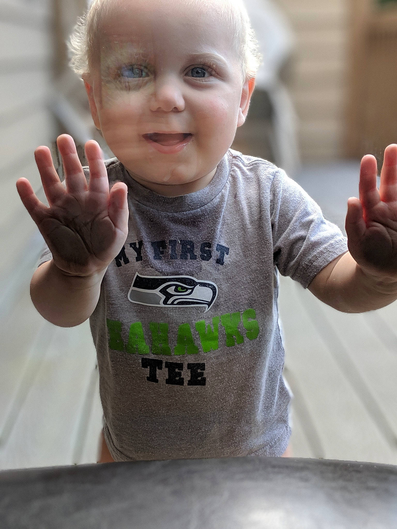 Boden joined the competition — help win amazing prizes! arm, child, ear, finger, forehead, gesture, hand, joy, person, smile, t_shirt, thumb, toddler
