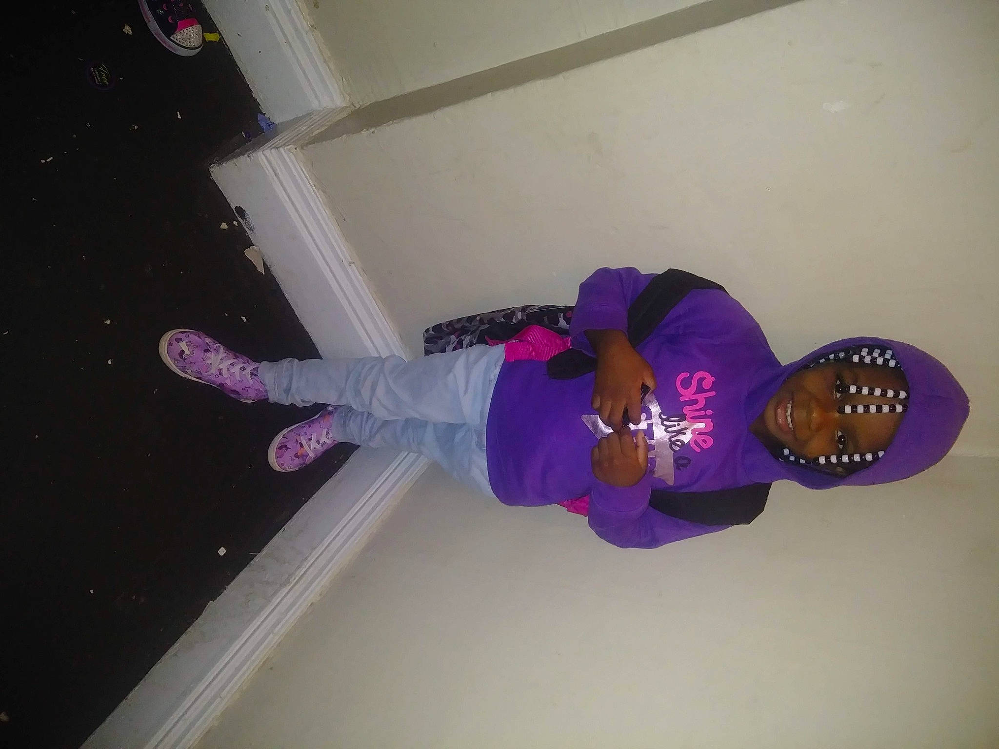 Iyanna joined the competition — help win amazing prizes! ceiling, costume, electric_blue, flooring, fun, headwear, human_leg, leg, magenta, person, pink, plant, purple, room, sportswear, sweatpant, thigh, tree, violet, walking_shoe