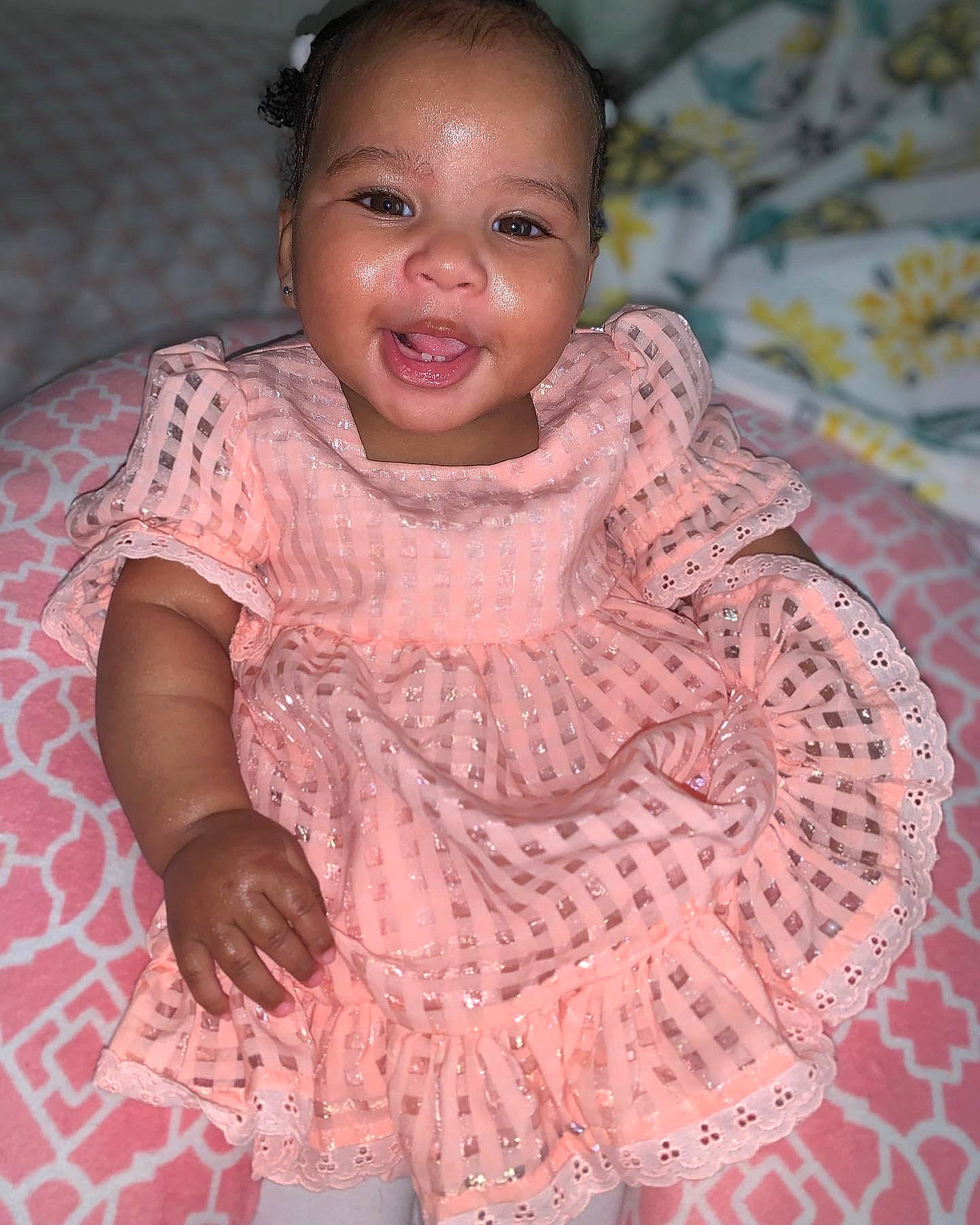 Elani joined the competition — help win amazing prizes! baby, baby_toddler_clothing, cheek, child, dress, embellishment, happy, head, headgear, magenta, neck, pattern, peach, person, pink, skin, sleeve, smile, textile, toddler