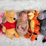 Wyatt joined the competition — help win amazing prizes! newborn, baby, sleeping, swaddled, plush_toy, stuffed_animal, winnie_the_pooh, piglet, tigger, eeyore, soft_rug, white_background, child, cute, cozy, indoors, resting, peaceful, toy_collection, infant