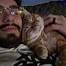 person, cat, glasses, beard, orange_tabby, couch, indoor, relaxed, snuggling, hand, tshirt, black_ring, face, fur, pet, comfort, eyewear, feline, resting, home