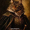 cat, portrait, costume, renaissance, clothing, ruffled_collar, cloak, feline, animal, luxury, ornate, chain, decorative, gold, medallion, staff, dark_background, indoor, art, historical_style