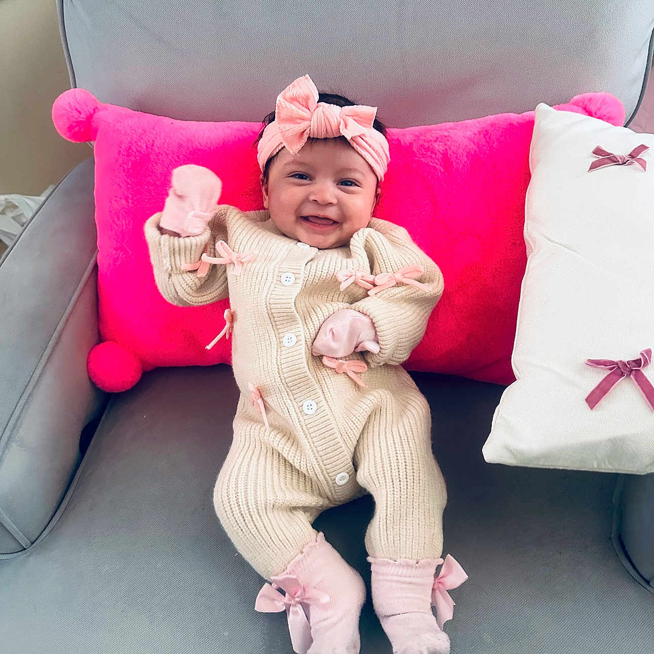 Kehlani is registered to the contest to win money with this photo: baby, babylaughing, cap, clothing, couch, cushion, face, furniture, happy, hat, head, homedecor, hosiery, pants, person, photography, pillow, portrait, sitting, sock