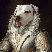 Belle is registered to the contest to win money with this photo: dog, white_dog, portrait, historical_clothing, royal_outfit, ruffled_collar, embroidery, noble_pose, dark_background, animal_portrait, costume, regal, canine, pet, face, fur, closeup, elegant, artistic, studio_lighting